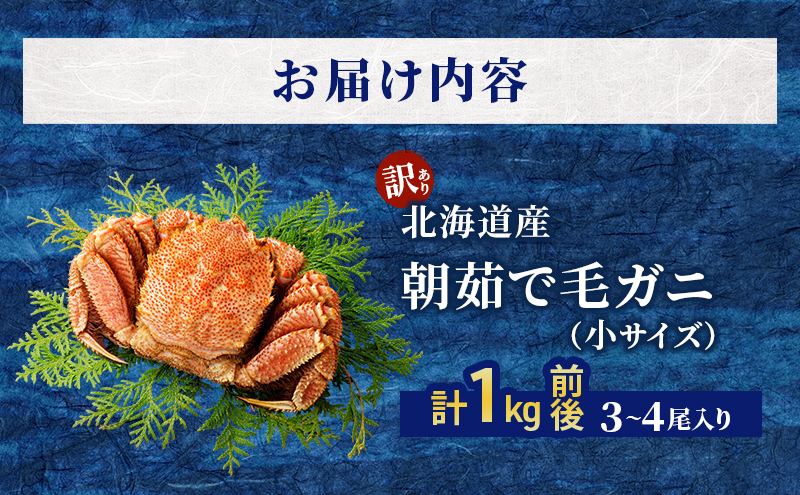 ［冷蔵便］茹でたて直送！【訳あり】北海道産 朝茹で 毛ガニ 小サイズ 計1kg前後（3-4尾入り）【 かに カニ 蟹 毛ガニ 毛蟹 海鮮 魚介 海の幸 海産物 家庭用 冷蔵 北海道 十勝 幕別 】