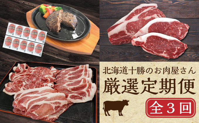 北海道 十勝のお肉屋さん 厳選 定期便 3回 ハンバーグ ステーキ ジンギスカン 惣菜 牛 羊 ラム 焼肉 BBQ バーベキュー 味付き 味付き肉 タレ 手切り アウトドア キャンプ お取り寄せ 冷凍 小分け 保存 牛肉
