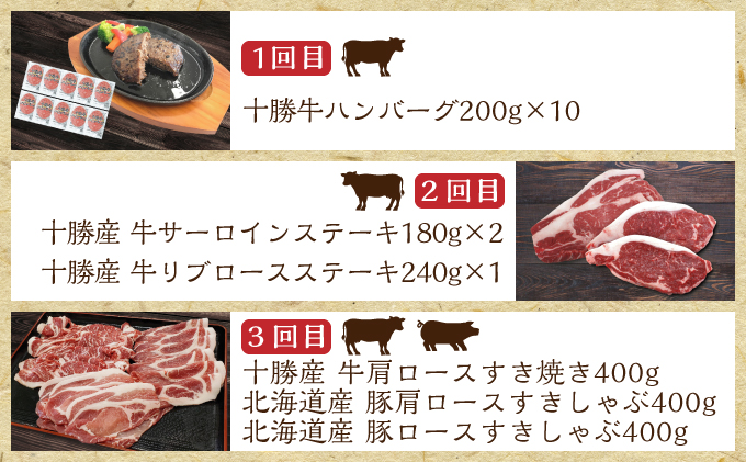 北海道 十勝のお肉屋さん 厳選 定期便 3回 ハンバーグ ステーキ ジンギスカン 惣菜 牛 羊 ラム 焼肉 BBQ バーベキュー 味付き 味付き肉 タレ 手切り アウトドア キャンプ お取り寄せ 冷凍 小分け 保存 牛肉