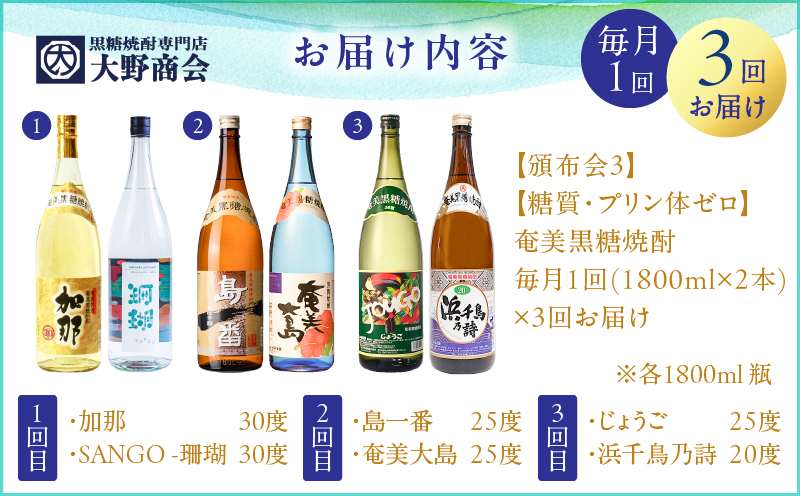 【頒布会(3)】【糖質・プリン体ゼロ】奄美黒糖焼酎 毎月1回（1800ml×2本）×3回お届け　A002-T07