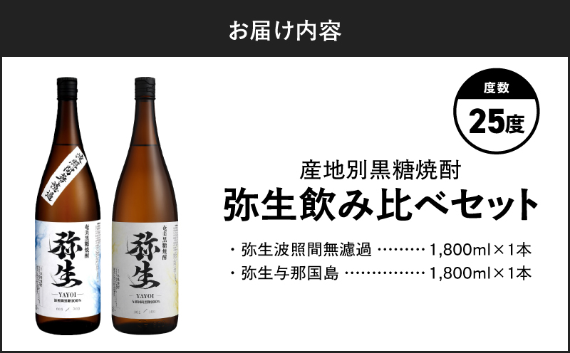 産地別黒糖焼酎 選べる弥生飲み比べセット 1800ml 2本入り（弥生波照間無濾過25度＆弥生与那国島25度）　A185-034-01
