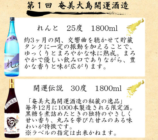 【頒布会１】【糖質・プリン体ゼロ】奄美黒糖焼酎 毎月1回(1800ml×2本)×3回お届け - 飲み比べ 蔵元めぐり 1800ml 一升瓶 6種 奄美大島 奄美群島 プリン体ゼロ 和製ラム酒 ロック お湯割り カクテル 定期便