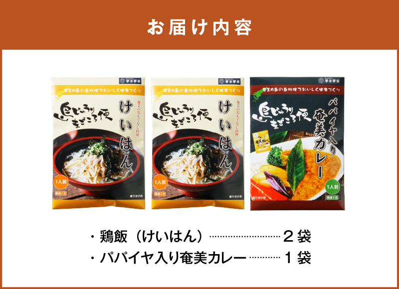 【奄美の伝統・島料理】無添加レトルト3パック - セット 無添加 レトルト 郷土料理 鶏飯 カレー パパイヤ入り 惣菜 島料理　AG12