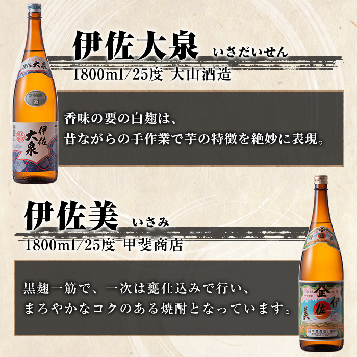 isa921 【定期便6回(隔月)】地元3蔵元セット 伊佐錦・伊佐美・伊佐大泉 各1.8L 合計18本(3種各1本×6回) 鹿児島 本格芋焼酎 芋焼酎 焼酎 一升瓶 飲み比べ 詰め合わせ 詰合せ 【酒乃向原】