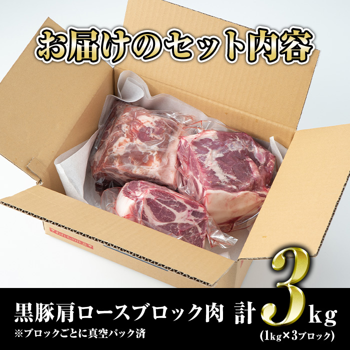 C0-07 鹿児島県産豚肉！黒豚ブロック肉(肩ロース)1kg×3ブロック(計3kg) ふるさと納税 伊佐市 特産品 国産 鹿児島 九州産 豚 豚肉 肩 ロース チャーシュー 焼豚 BBQ バーベキュー キャンプ アウトドア 冷凍 冷凍便 【財宝】