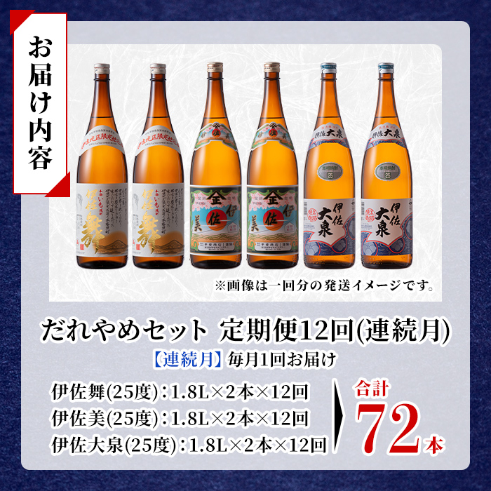 isa889 【定期便12回(連続月)】だれやめ焼酎セット 伊佐舞・伊佐美・伊佐大泉 各1.8L 合計72本(3種各2本×12回)  鹿児島 本格芋焼酎 芋焼酎 焼酎 一升瓶 飲み比べ 詰め合わせ 詰合せ 晩酌 飲みやすい だいやめ 伊佐限定焼酎 【酒乃向原】
