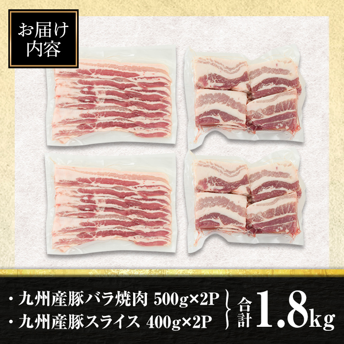 isa454 厚さ10mm!九州産豚バラ焼肉、豚バラスライスセット(合計1.8kg・豚バラ焼肉500g×2P、豚バラスライス400g×2P) 国産 肉 豚肉 豚 ぶた 豚バラ スライス 厚切り 真空包装 小分け BBQ アウトドア しゃぶしゃぶ 焼肉 冷凍【サンキョーミート株式会社】