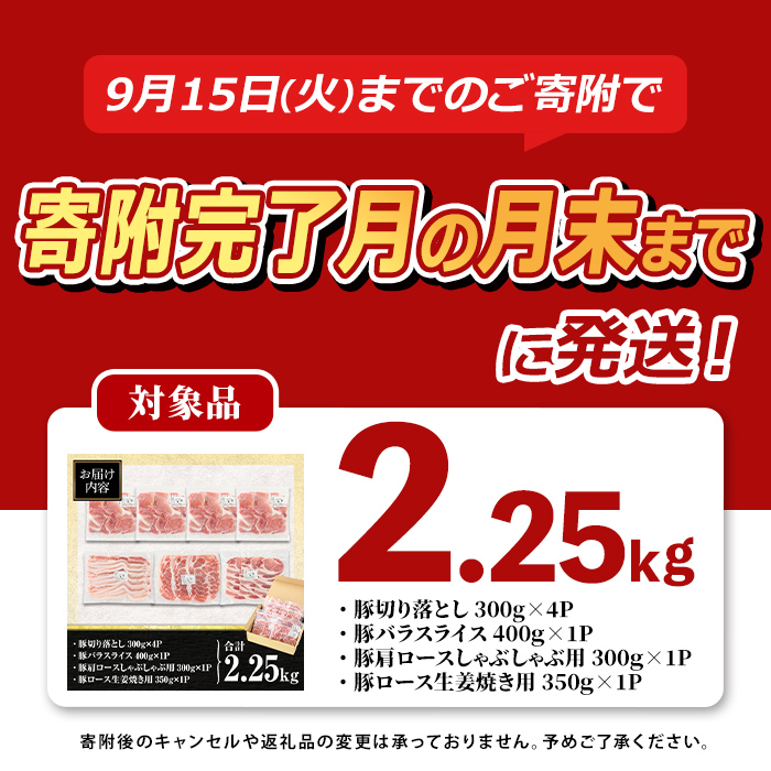 isa429 【寄附完了月の月末までに発送！】九州産 豚肉4種セット (合計2.25kg) 国産 切り落とし バラスライス 肩ロース ロース しゃぶしゃぶ 生姜焼き 真空包装 真空パック ファスナー 小分け ぶたにく 豚 肉 詰合せ 詰め合わせ 冷凍 【サンキョーミート株式会社】