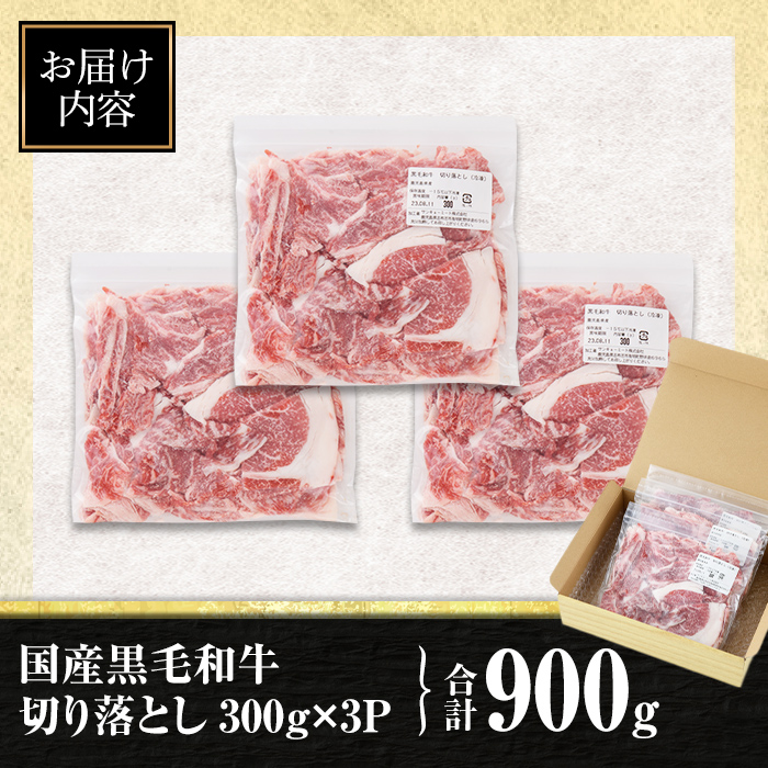isa442 〈10営業日以内に発送〉黒毛和牛切り落とし (合計900g・300g×3P) 国産 真空包装 真空パック ファスナー 小分け 切落とし 牛 うし 牛肉 アウトドア BBQ 冷凍 【サンキョーミート株式会社】