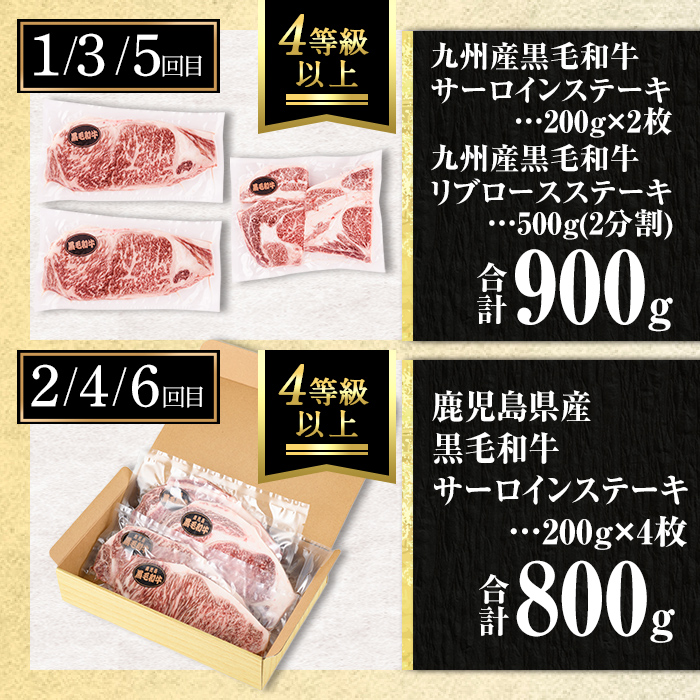isa642 【定期便6回】黒毛和牛ステーキ定期便(合計5.1kg) 真空包装 真空パック リブロース サーロイン ステーキ 牛 うし 牛肉 アウトドア 食べ比べ BBQ 冷凍 【サンキョーミート株式会社】