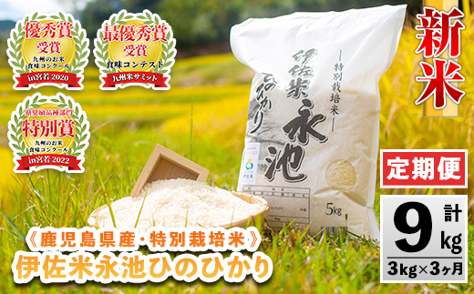 isa539 【定期便】令和6年産 新米 特別栽培米 伊佐米永池ひのひかり(計9kg・3kg×3ヶ月) 鹿児島 伊佐市 永池 お米 米 白米 精米 伊佐米 食味コンテスト 最優秀賞受賞 ヒノヒカリ【エコファーム永池】