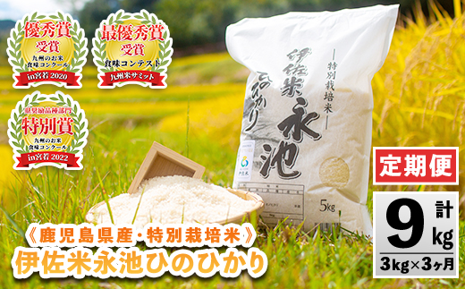 isa539 【定期便】令和7年産 特別栽培米 伊佐米永池ひのひかり(計9kg・3kg×3ヶ月) 伊佐市 永池 お米 米 白米 精米 伊佐米 食味コンテスト 最優秀賞受賞 ヒノヒカリ 【エコファーム永池】