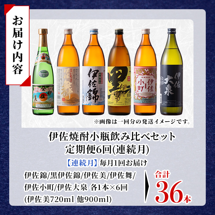 isa898 【定期便6回(連続月)】伊佐焼酎小瓶飲み比べセット 伊佐美720ml・他5種各900ml 合計36本(6種各1本×6回)  鹿児島 本格芋焼酎 芋焼酎 焼酎 五合瓶 四合瓶 飲み比べ 詰め合わせ 詰合せ 【酒乃向原】