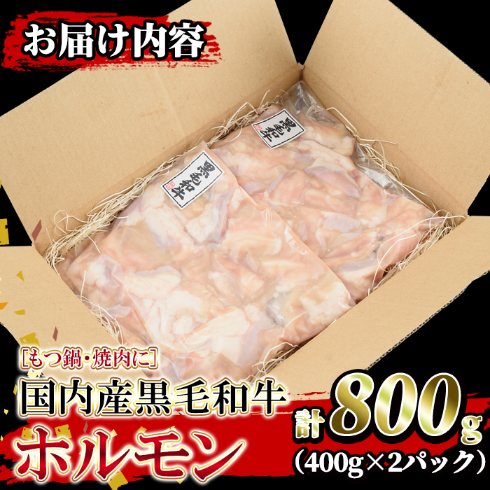 isa205 国内産黒毛和牛！ホルモン(計800g・400g×2P) ふるさと納税 伊佐市 特産品 国産 牛 和牛 大腸 小腸 赤センマイ ミックス 小分け 真空パック もつ鍋 焼肉 煮込み BBQ バーベキュー アウトドア 冷凍 冷凍便【堀ノ内商会】