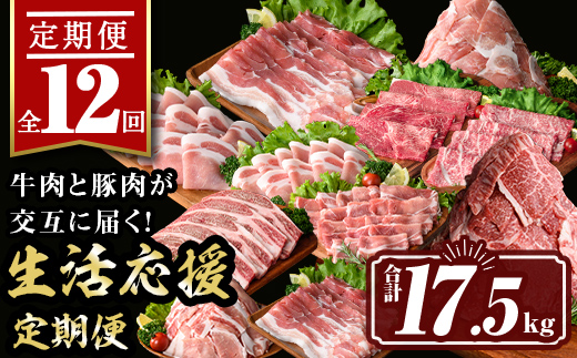 isa586 【定期便12回】豚・牛が交互に届く生活応援定期便(合計17.5kg) 肉 豚肉 牛肉 霜降り すきやき しゃぶしゃぶ スライス 生姜焼き 豚バラ 切り落とし 焼肉 冷凍 ロース カタロース 肩ロース BBQ アウトドア コンシェルジュ【サンキョーミート株式会社】
