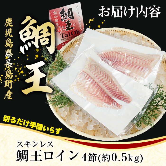 長島町特産「鯛王」スキンレスロイン 4節入り (約0.5kg) ＼カットするだけ簡単！新鮮なお刺身が楽しめる／ 産地直送 新鮮 旨味が抜群の 長島町 特産品 ブランド 刺身 鯛めし 鯛茶漬け 鯛しゃぶ 鯛刺身 鮮魚 冷蔵 【JFA】jfa-1357