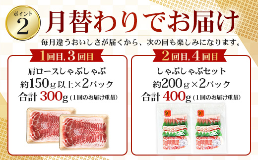 ≪定期便4回≫南大隅町 大人気店のしゃぶしゃぶコラボ定期便 NI-10｜本土最南端 豚 ぶたしゃぶ 豚シャブ 肩ロース バラ スライス 2種 食べ比べ 贅沢 ごはん おうちごはん 鍋 ギフト 特別 冷凍 鹿児島県 南大隅町 なんたん市場