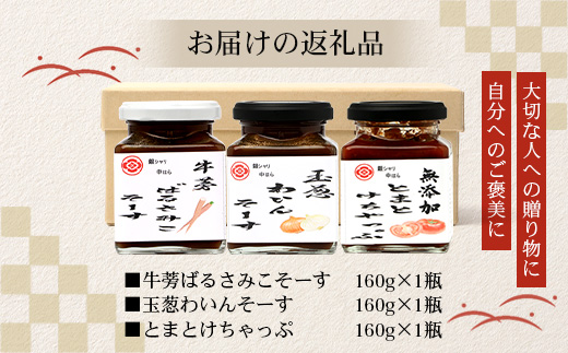 日本料理人が作る　とまとケチャップとソース　プロの味3種類セット/とまとケチャップ(170g×1瓶) 牛蒡バルサミコソース (160g×1瓶) 玉葱ワインソース (160g×1瓶) GN-19｜鹿児島県 南大隅町 野菜 トマト ごぼう 玉ねぎ ワンランク アップ 食べ比べ 3種 手づくり ソース 新鮮 旬 銀シャリ中はら