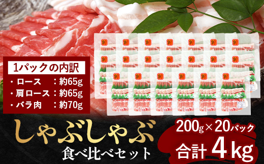 鹿児島県産 ひかり麦豚 しゃぶしゃぶ 食べ比べセット 約4kg （200g×20パック） トレーなし 冷凍  HM-3| 肉 お肉 にく 豚肉 ロース 肩ロース バラ肉 スライス 冷凍 真空冷凍 産地直送 新鮮 小分け 甘み 産地直送 鹿児島県 南大隅町 ひかり麦豚直売所