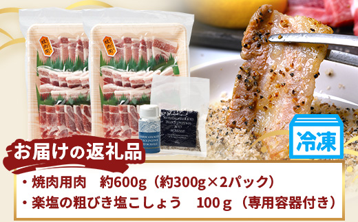 鹿児島県産 ひかり麦豚 焼肉 食べ比べ セット 600g（300g×2パック）＋ 楽塩の粗びき塩こしょう | 肉 お肉 にく 豚肉 黒豚 かごしま黒豚 ロース 肩ロース バラ肉 スライス 粗挽き 塩コショウ 冷凍 真空冷凍 産地直送 新鮮 小分け 甘み 鹿児島県 南大隅町 ひかり麦豚直売所 HM-703