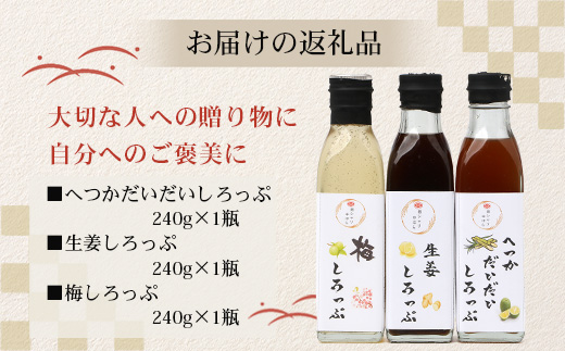 【先行予約・数量限定】日本料理人が作る シロップ 3種類 Bセット/辺塚だいだいシロップ・梅シロップ・生姜シロップ (各240ｇ×1瓶) GN-15｜鹿児島県 南大隅町 果物 うめ ショウガ しょうが フルーツ シロップ 希釈 甘み 酸味 甘さ控えめ お菓子づくり 手づくり 新鮮 旬  銀シャリ中はら