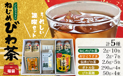 【福袋】ねじめびわ茶うれしい満喫セット（５種）化粧箱入 TO-20-FB| ねじめ びわ茶 ボトル缶 国産 大容量 トルマリン石 焙煎 健康茶 お茶 煮だし 飲みやすい 香ばしい おいしい びわの葉 ネコポス 福袋 セット 飲み比べ 鹿児島県 南大隅町 十津川農場