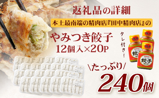 佐多の田中肉屋ニンニクたっぷりやみつき餃子 240個（12個入り×20パック） 餃子のタレ3本付き | ぎょうざ 餃子 ギョウザ にんにく スタミナ餃子 大容量 手作り おかず ビールと一緒に 冷凍 産地直送 鹿児島県 南大隅町 田中精肉店　TA-2