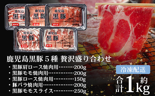 かごしま黒豚５種 贅沢盛り合わせ ( 約1kg ) NS-34 | 豚肉 ぶた セット ５種 冷凍 詰め合わせ 肩ロース ロース バラ もも ももスライス 赤身 脂身 薄切り 部位 焼肉 しゃぶしゃぶ 生姜焼き 家庭料理 炒め物 南大隅町 南州牧場
