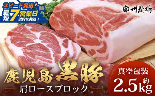 【スピード発送】【南大隅町限定】かごしま黒豚 肩ロースブロック （約2.5kg）  NS-3 | 最短 7日以内 1週間以内 肉 豚肉 ぶた 豚 ブタ 黒豚 かごしま黒豚 肩ロース ブロック 新鮮 産地直送 豚肉 限定 鹿児島県 南大隅町 南州農場