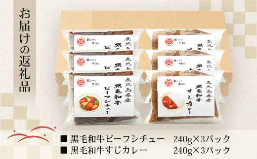 ［2種類］＼日本料理人の手作り／ 鹿児島県産 黒毛和牛レトルトパック 2種セット ≪合計6パック≫ビーフシチュー（240g×3パック）/すじカレー（240g×3パック）GN-11｜鹿児島県 南大隅町 あたためるだけ 黒毛和牛 牛すじ 牛肉 カレー ビーフシチュー おかず 時短 銀シャリ中はら