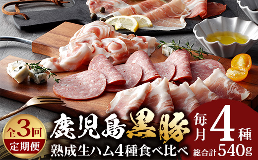 【定期便全3回】かごしま黒豚熟成生ハム４種食べ比べ セット（約540g）NS-519 | 国産 肉 お肉 豚肉 豚 にく ぶた 生ハム 最高峰 熟成ハム コッパ パンチェッタ コッホサラミ スパイス サラミ 冷蔵 詰め合わせ 産地直送 ギフト プレゼント 贈り物 鹿児島県 南大隅町 南州農場