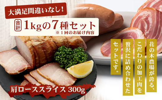 《全6回定期便》<2ヶ月に1回お届け> 花の木農場【ハム詰め合わせセット】7種 計1,000g HK-19│ハム ベーコン クラフトハム 人気 南大隅町 第2花の木ファーム ノウフク ソーセージ 詰め合わせ セット ウインナー 国産 厳選