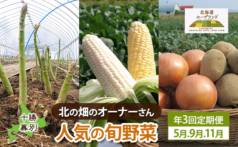 【先行予約】十勝幕別 北の畑のオーナーさん 人気の旬野菜 年3回定期便［2027年5月出荷開始］北海道ホープランド農場 【 アスパラ とうもろこし コーン じゃがいも ジャガイモ 玉ねぎ 野菜 定期便 】