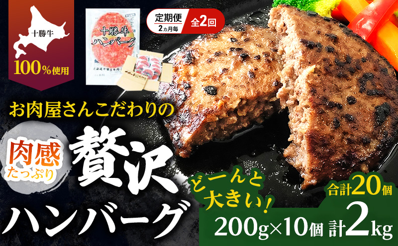 [大人気ハンバーグの定期便] 全2回/2ヶ月毎 合計20個 北海道 十勝牛 手ごねハンバーグ 200g×10個【 セット 牛100% 国産牛 牛肉 ハンバーグ パティ パテ 惣菜 小分け 冷凍 大きい 国産 北海道 十勝 幕別 ふるさと納税 送料無料 】