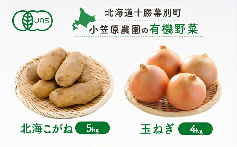 小笠原農園の有機野菜 2種詰合せ（北海こがね5kg・玉ねぎ4kg）北海道 十勝 幕別《2026年秋出荷先行予約》【 野菜 芋 じゃがいも 北海こがね 玉ねぎ たまねぎ セット 】 