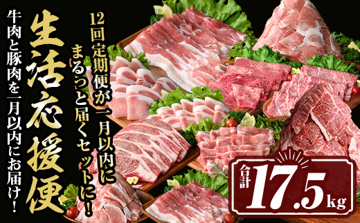 isa847 豚・牛を一月以内にお届け！生活応援便(合計17.5kg) 肉 豚肉 牛肉 霜降り すきやき しゃぶしゃぶ スライス 生姜焼き 豚バラ 切り落とし 焼肉 冷凍 ロース カタロース 肩ロース BBQ 【サンキョーミート株式会社】