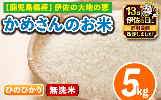 isa278 【伊佐の日・寄附額改定】《数量限定》かめさんのお米(5kg・ひのひかり・無洗米) ふるさと納税 伊佐市 特産品 国産 白米 精米  無洗米 伊佐米 お米 米 生産者 ヒノヒカリ 新米 5kg 【Farm-K】