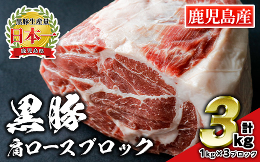 C0-07 鹿児島県産豚肉！黒豚ブロック肉(肩ロース)1kg×3ブロック(計3kg) ふるさと納税 伊佐市 特産品 国産 鹿児島 九州産 豚 豚肉 肩 ロース チャーシュー 焼豚 BBQ バーベキュー キャンプ アウトドア 冷凍 冷凍便 【財宝】