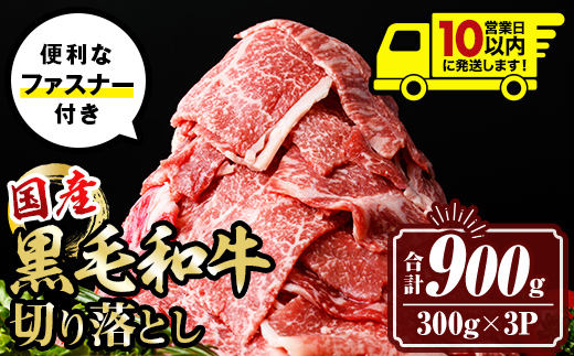 isa442 〈10営業日以内に発送〉黒毛和牛切り落とし (合計900g・300g×3P) 国産 真空包装 真空パック ファスナー 小分け 切落とし 牛 うし 牛肉 アウトドア BBQ 冷凍 【サンキョーミート株式会社】