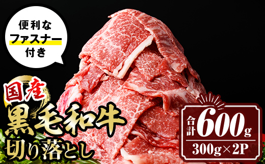 isa694 黒毛和牛切り落とし (合計600g・300g×2P) 国産 真空包装 真空パック ファスナー 小分け 切落とし 牛 うし 牛肉 アウトドア BBQ 冷凍 【サンキョーミート株式会社】