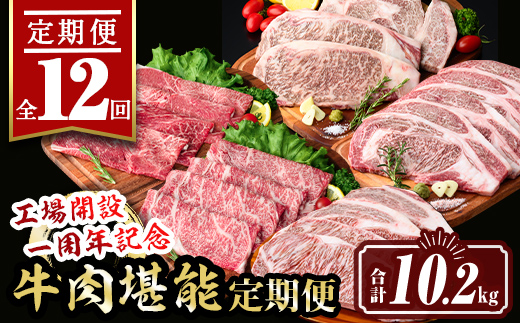 isa651 【定期便12回】工場開設一周年記念 牛肉堪能定期便(合計10.2kg) 黒毛和牛 リブロース サーロイン ステーキ スライス 大判 焼肉 牛 うし 牛肉 すきやき しゃぶしゃぶ 牛しゃぶ ロース アウトドア 食べ比べ BBQ 冷凍 【サンキョーミート株式会社】