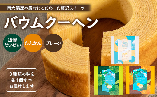 素材にこだわった南大隅町の手作りスイーツ　バウムクーヘン 3個セット ( プレーン ・ たんかん ・ 辺塚だいだい ）