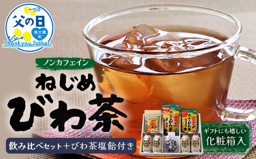 【父の日ギフトに】鹿児島県産ねじめびわ茶 飲み比べ セット + びわ茶塩飴付き(化粧箱入) TO-406-FA|父の日 ねじめびわ茶 ノンカフェイン ティーバック ボトル缶 飴 国産 お茶 健康茶 ポリフェノール 無香料 無着色 さわやか 甘み 香ばしい おいしい びわの葉 トルマリン石焙煎 産地直送 ギフト 贈答 鹿児島県 南大隅町 十津川農場